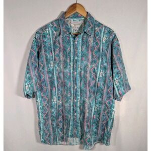 1980s Vintage Retro Short Slv Blue Aztec Geometric Button Down Shirt Large